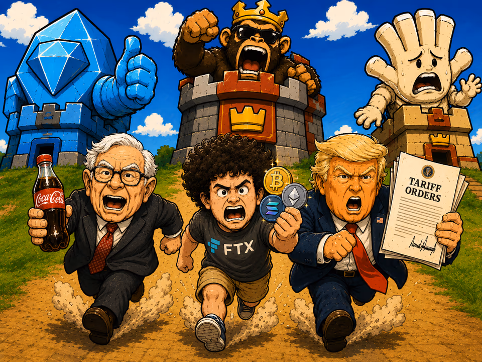 Three public figures charge toward cartoon battle towers with crypto coins