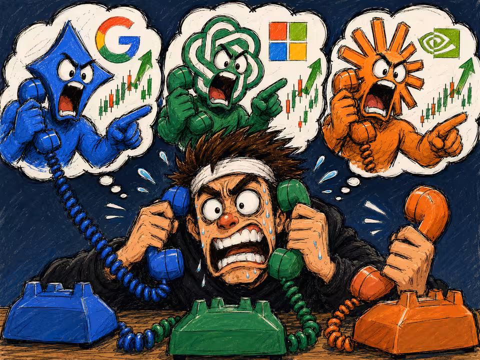A frazzled trader answers three ringing phones while AI mascots shout rising stock calls