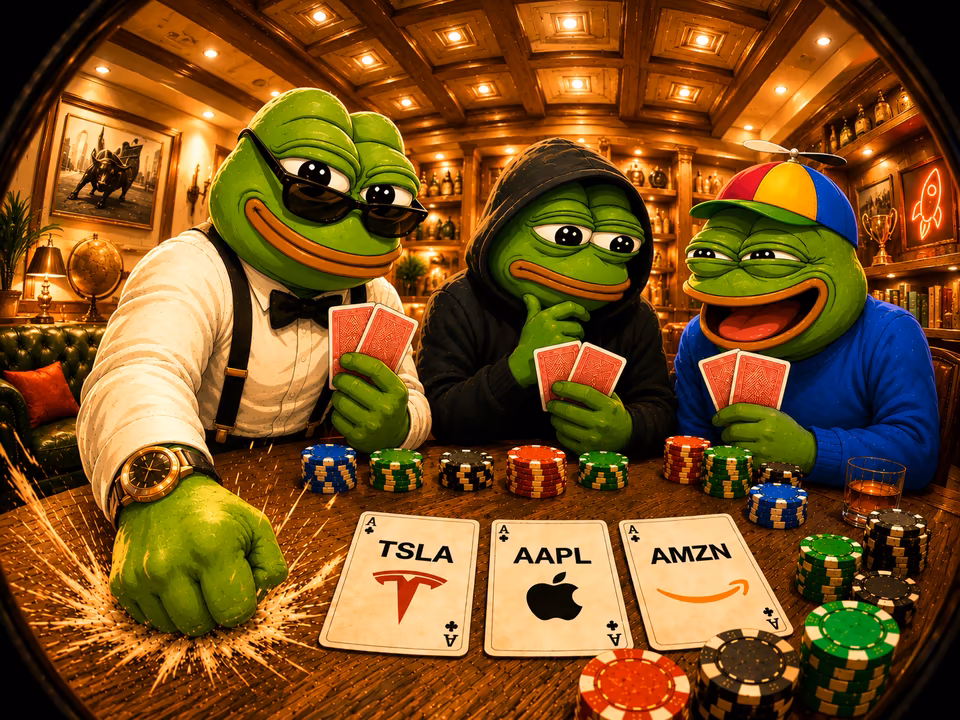 Three frog traders hold stock cards around a poker table