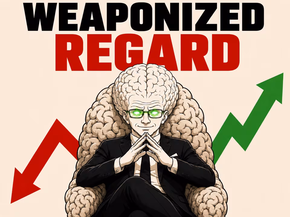 A market trader with glowing green glasses sits in a brain-shaped chair between rising and falling arrows