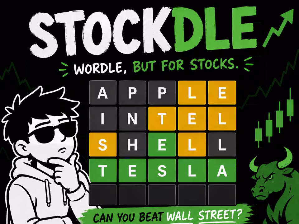 Stockdle wordmark above a stock-themed letter grid, a player, and a bull