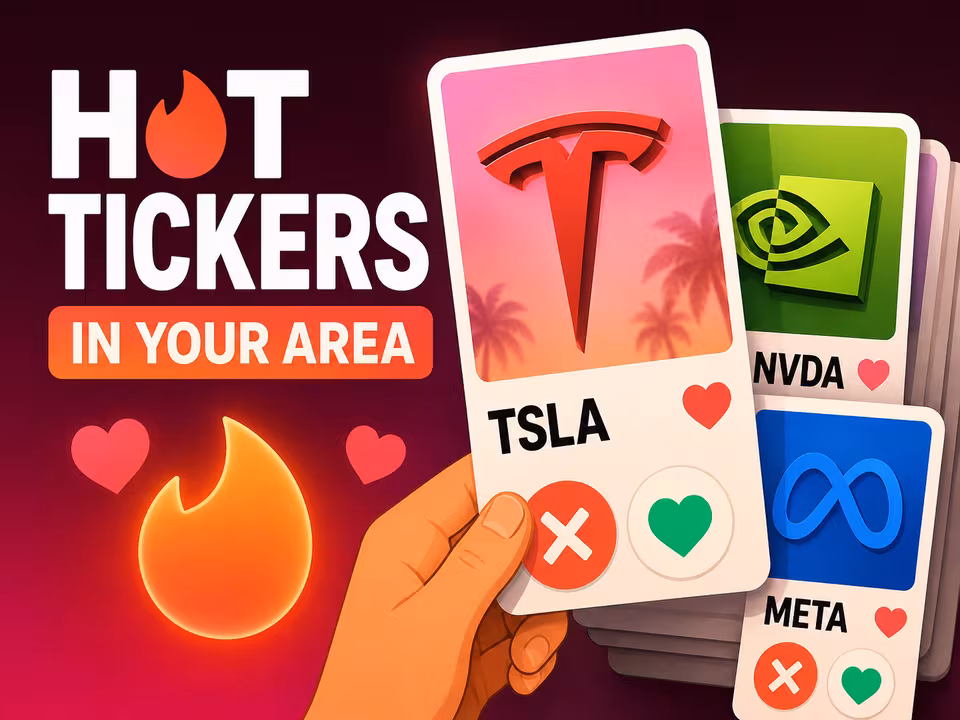 A hand swipes a Tesla card beside Nvidia and Meta cards under the words Hot Tickers in Your Area