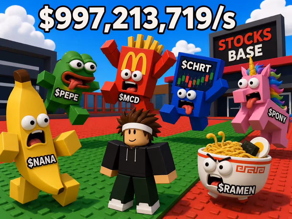 A blocky trader stands among panicked meme-stock characters outside Stocks Base