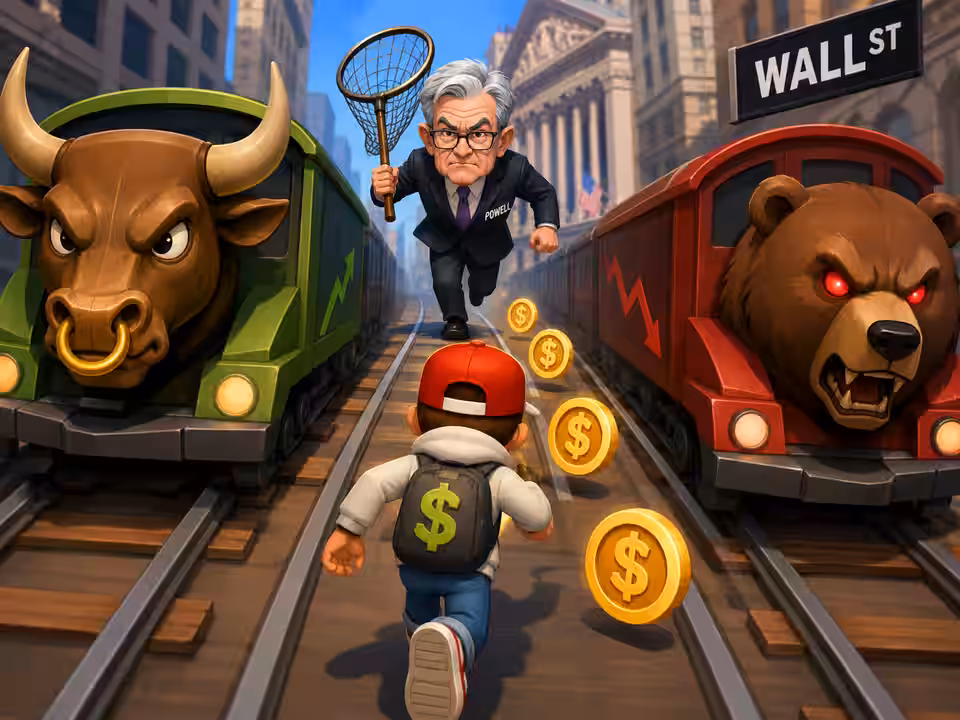A runner dodges bull and bear stock trains while Jerome Powell chases through Wall Street